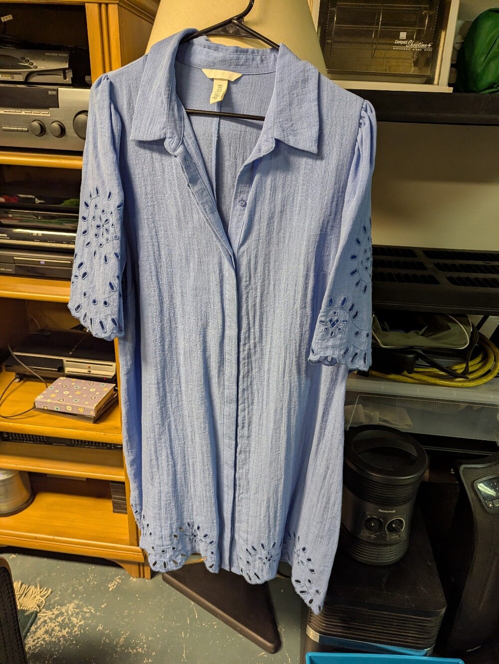 Light Blue Eyelet-Trim Button-Front Women's Dress